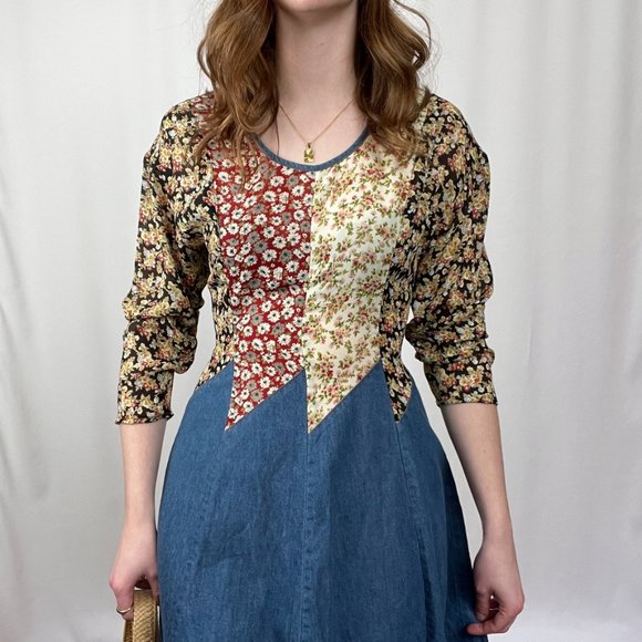 Stunning Vintage Cottagecore Patchwork Quilted Denim Midi Maxi Dress 70s 80s 90s - Picture 4 of 11